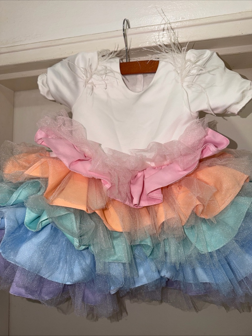 Unbranded Girls' White Bodice Pastel Rainbow Tulle Ruffle Dress